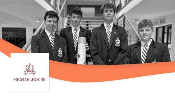 Logo for Michaelhouse plus a photo of the students from the winning team