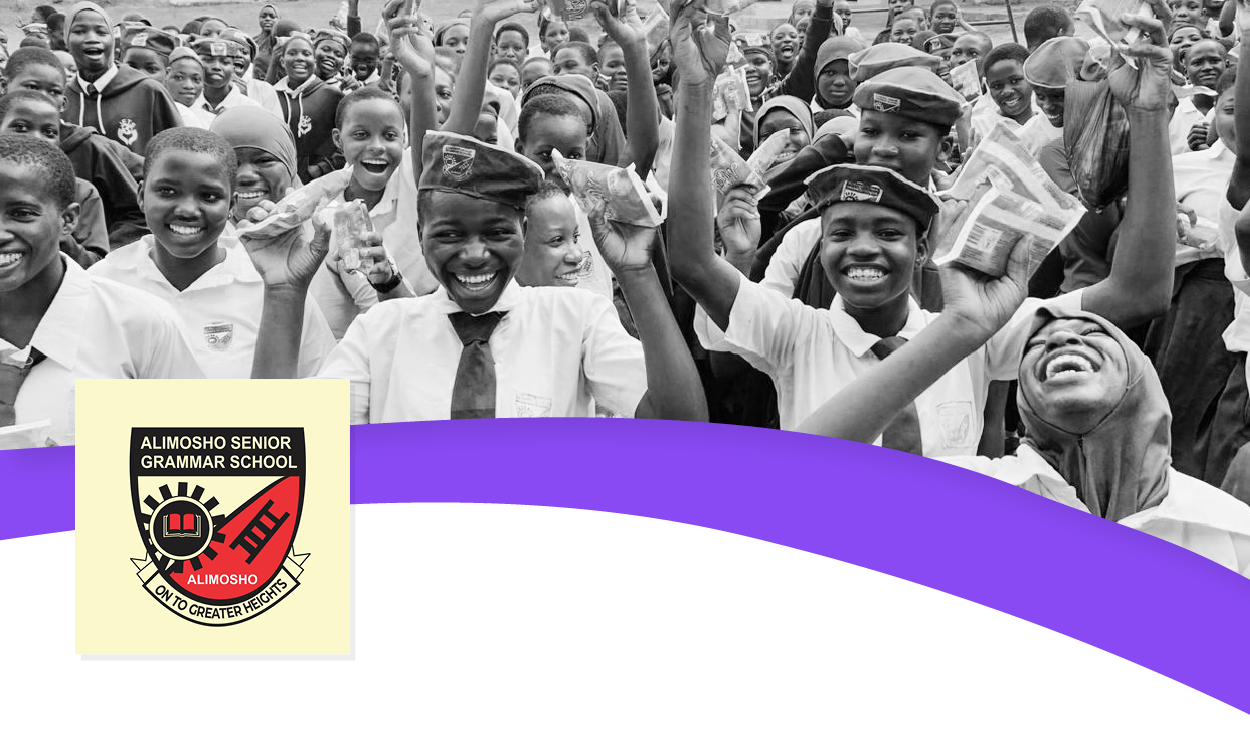 Logo for Alimosho Senior Grammar School plus a photo of  students celebrating